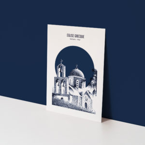 carte postale d'une église grecque sur fond bleu